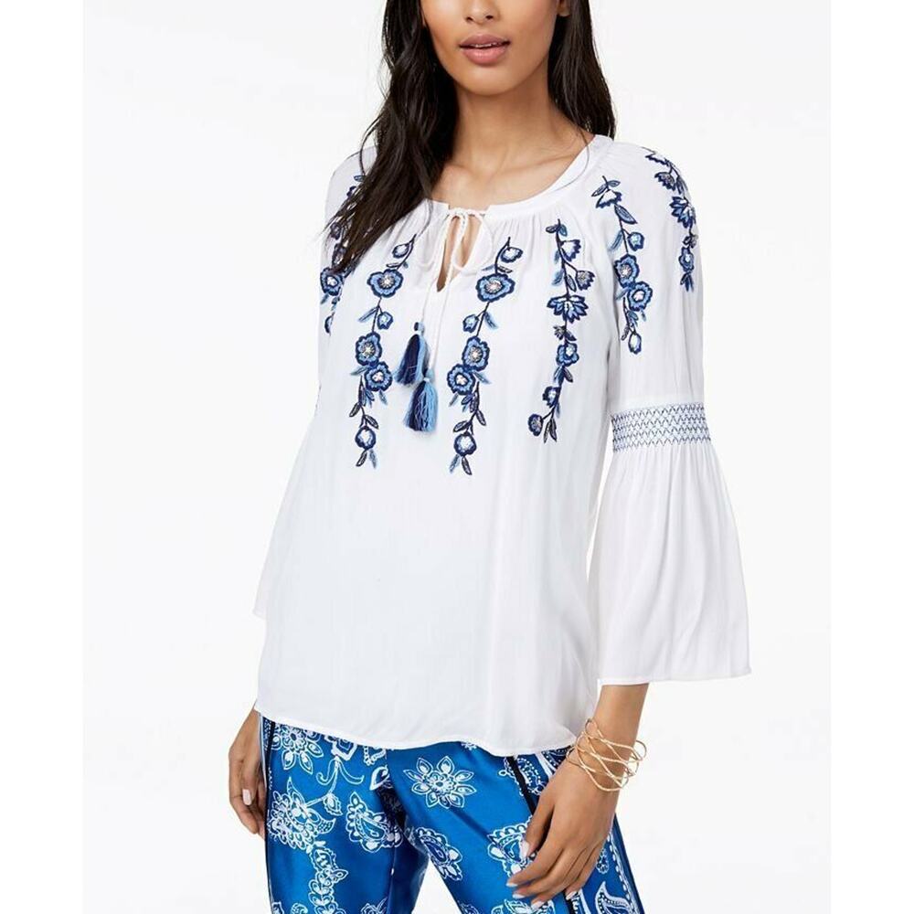 $89 International Concepts White Blue Embroidered Vneck Peasant Top Small NEW